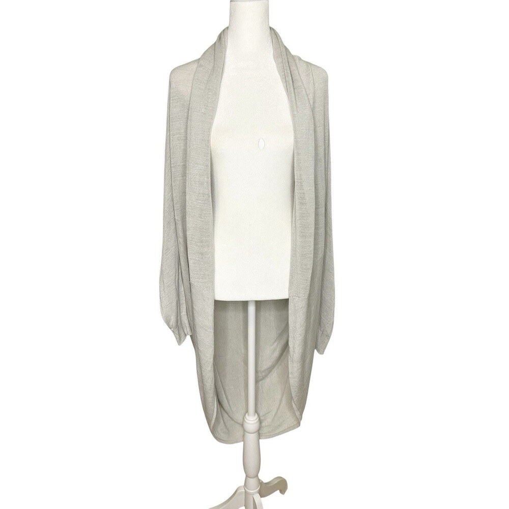 Theory Linen Blend Sweater Silver Long Curved Hem P/S Batwing Sleeves Open Front